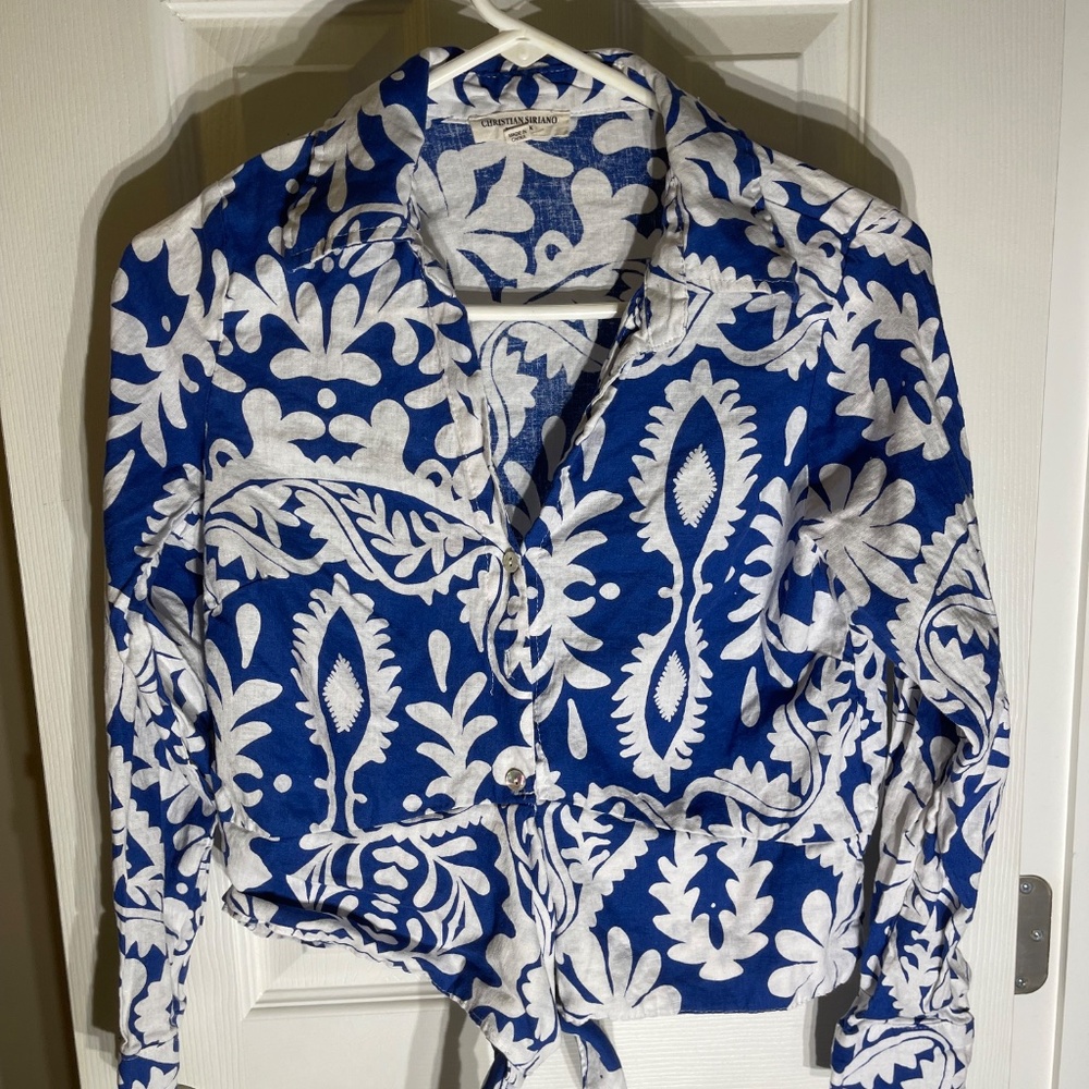 Christian Siriano Cropped Blouse Medium Blue Tie Botanical Long Sleeve Boho Y2K